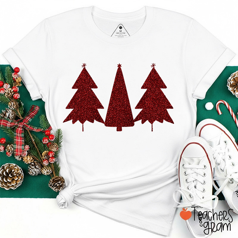 Personalized Color Minimal Glitter Christmas Tree Simple Teacher T-Shirt