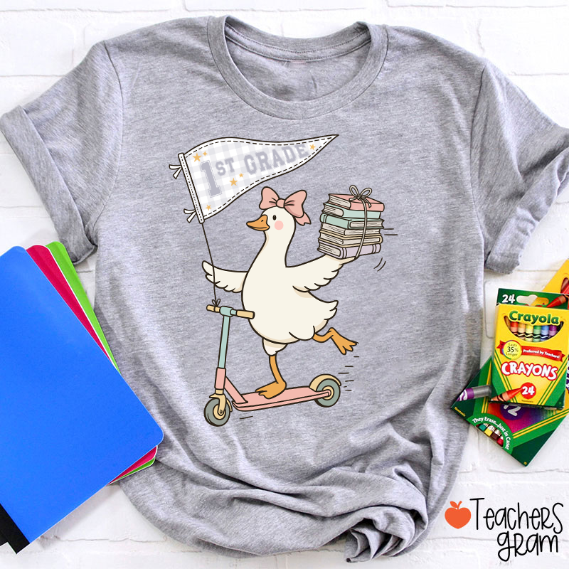 Personalized Grade Scooter Silly Goose Pennant Book Stack Teacher T-Shirt