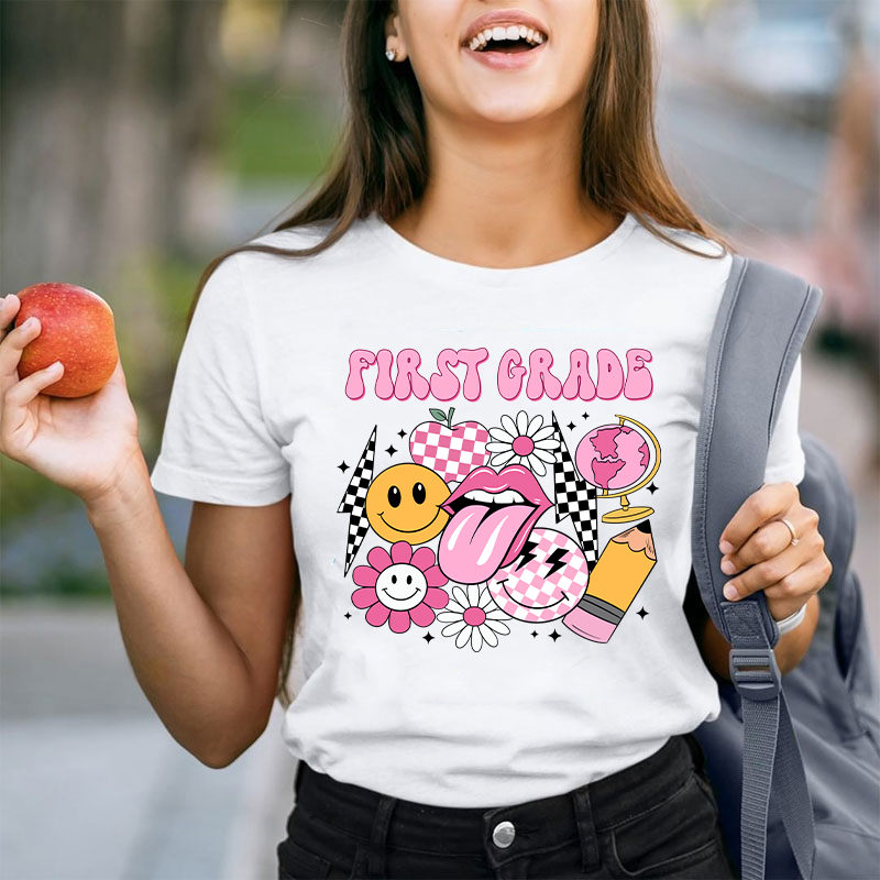 Personalized Pink Checkerboard And Smiley Face Grade Teacher T-Shirt