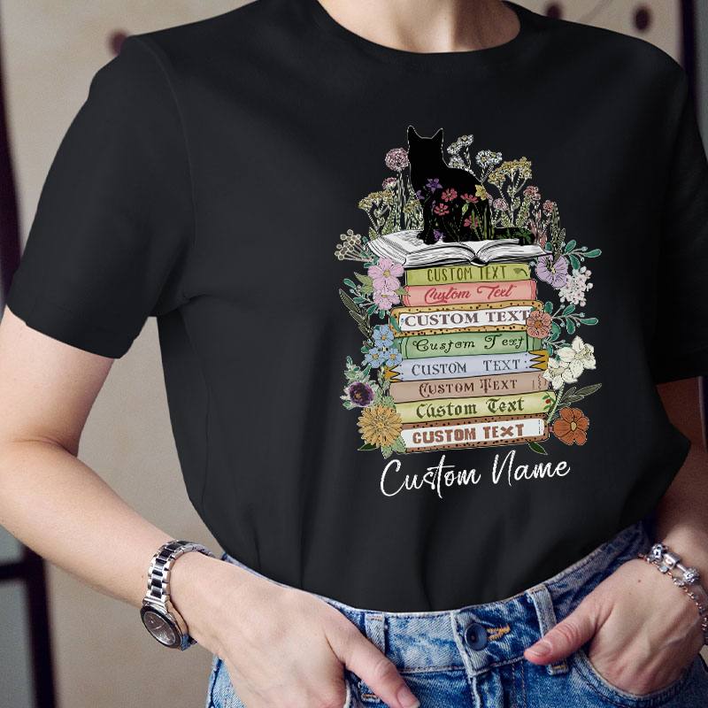 Personalized Vintage Floral Cat Books Teacher T-Shirt