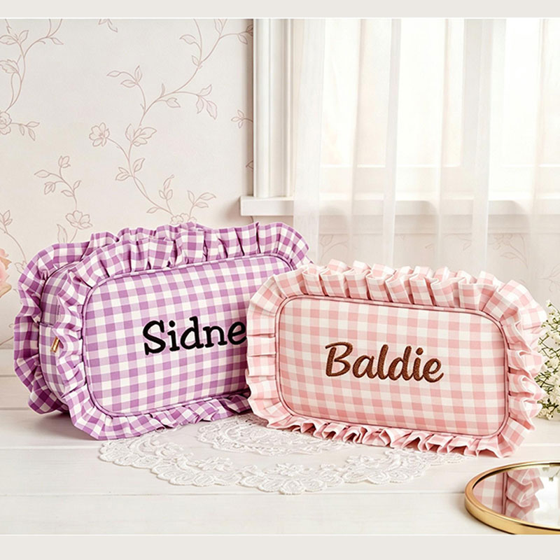 Personalized Gingham Ruffle Makeup Bag