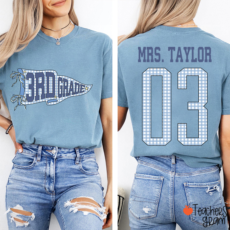 Personalized Grade Pennant Blue Gingham Teacher Two Sided T-Shirt