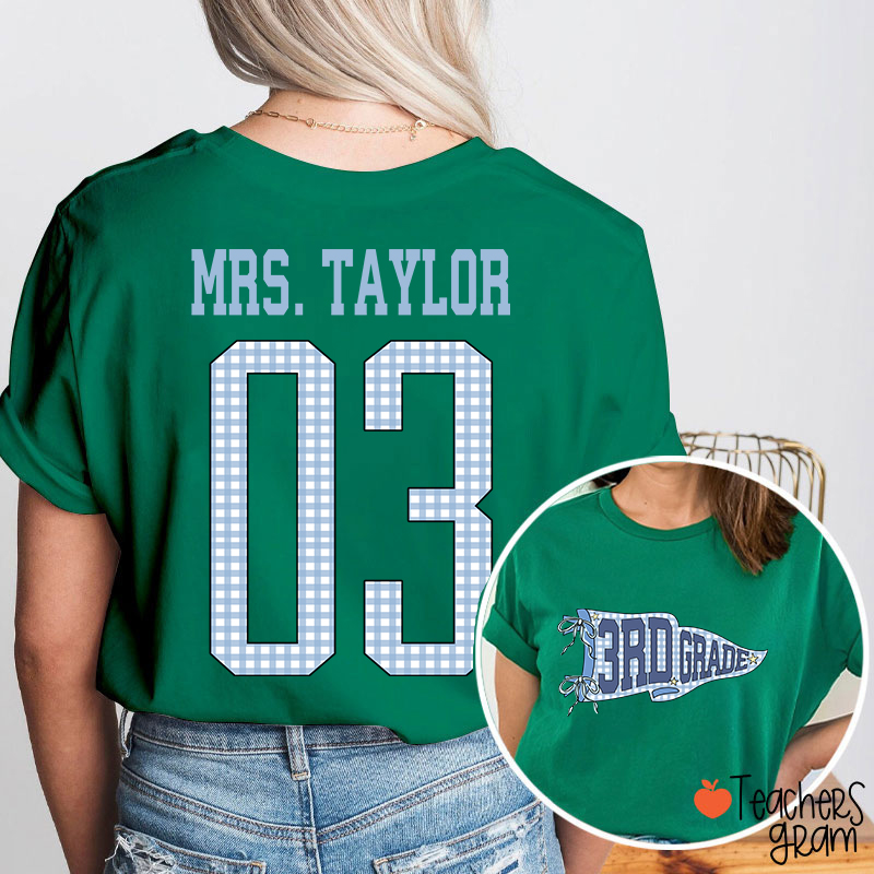 Personalized Grade Pennant Blue Gingham Teacher Two Sided T-Shirt