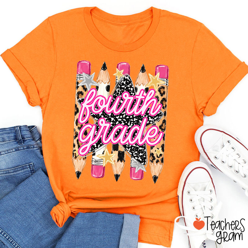 Personalized Grade Name Leopard Star Pencil Teacher T-Shirt