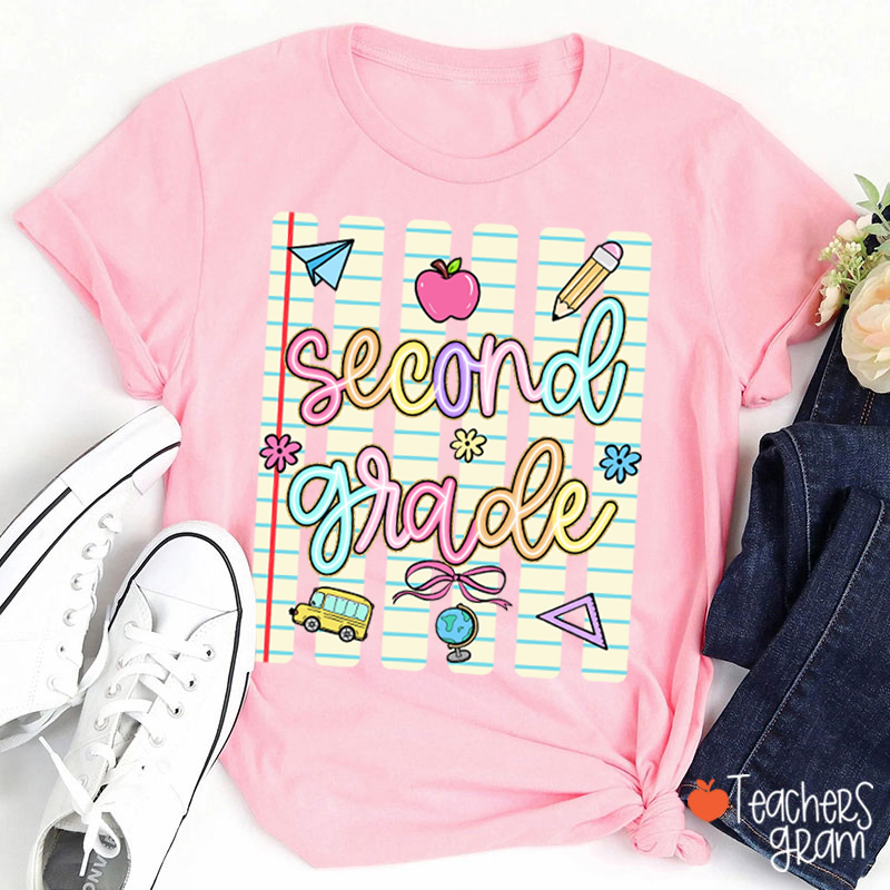 Personalized Grade Notebook Stripes Cute Icons Teacher T-Shirt