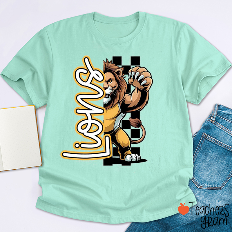 Personalized Mascot Cartoon Checkerboard Half Split Graphic Teacher T-Shirt