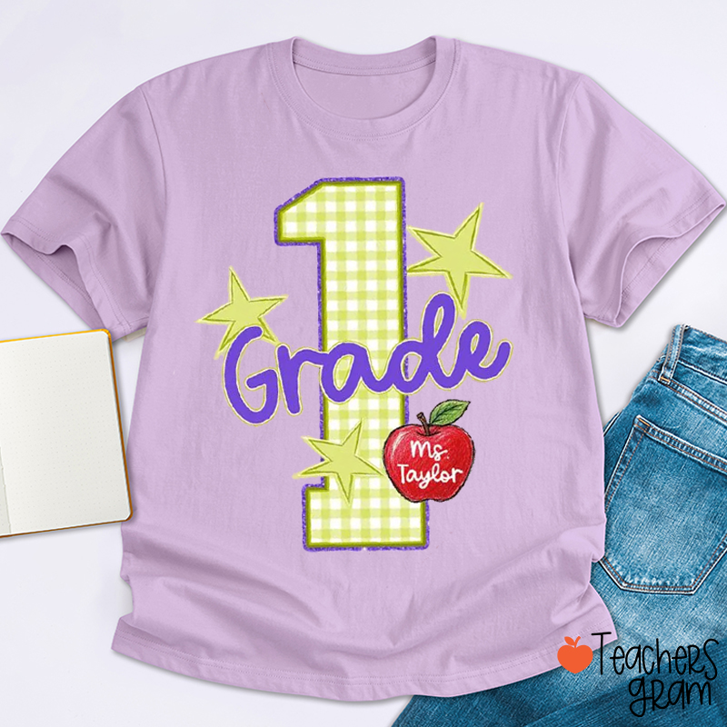 Personalized Name Grade Gingham Star Apple Teacher T‑Shirt