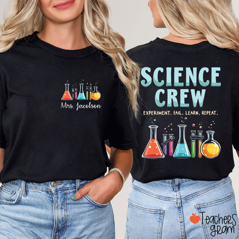 Personalized Name Science Crew Lab Beaker Teacher Two Sided T-Shirt