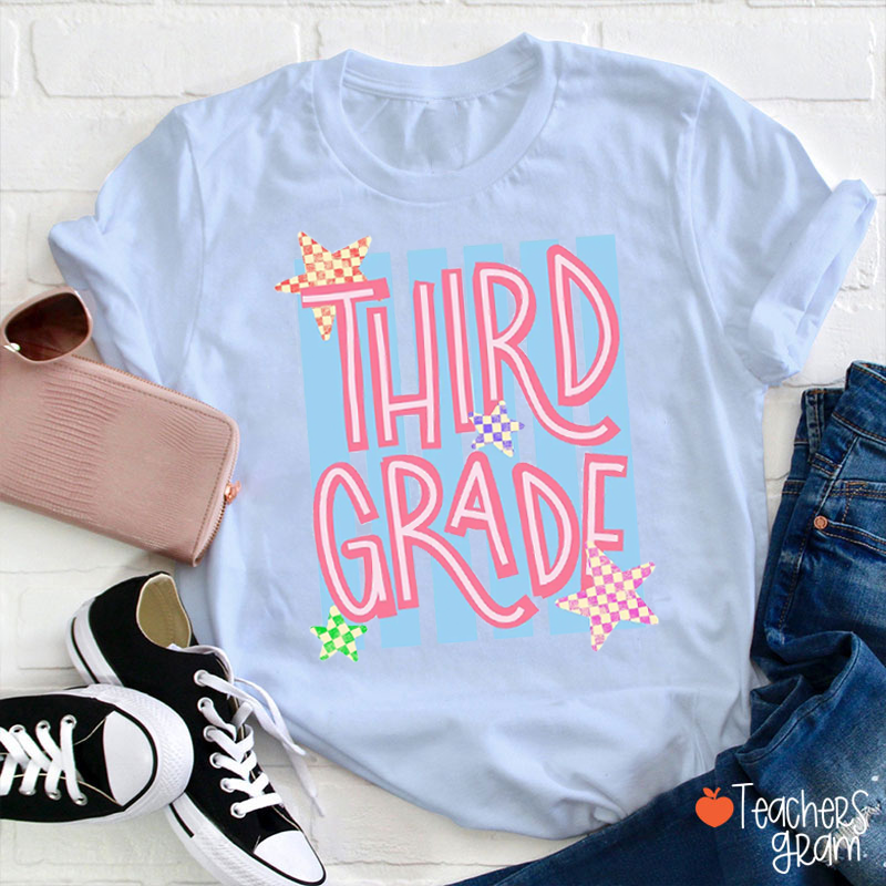 Personalized Grade Stripes Checker Star Teacher T-Shirt