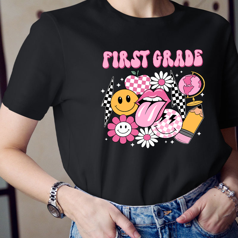 Personalized Pink Checkerboard And Smiley Face Grade Teacher T-Shirt