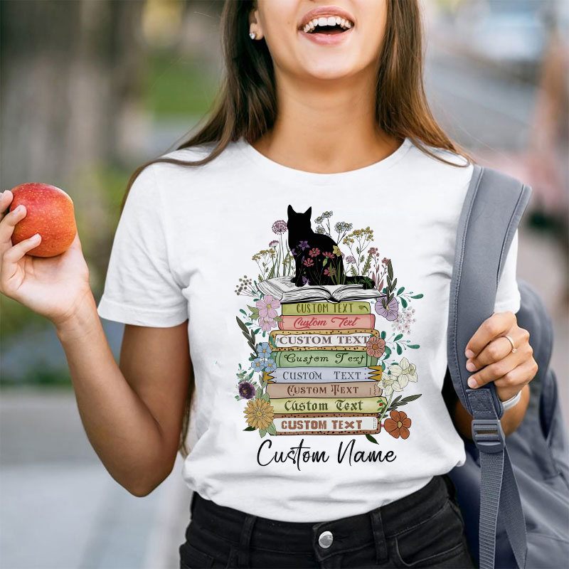 Personalized Vintage Floral Cat Books Teacher T-Shirt