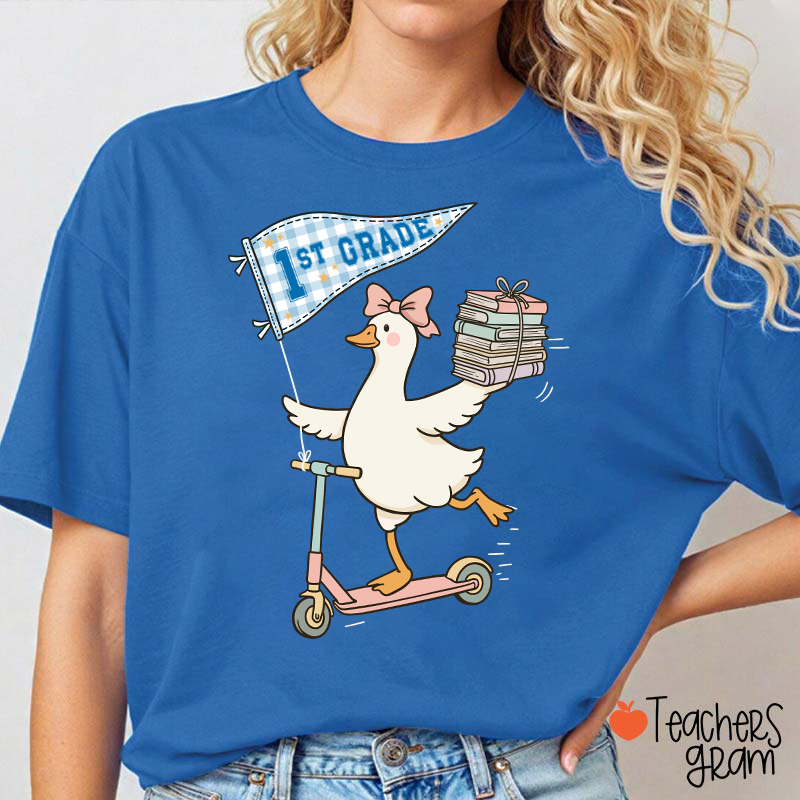 Personalized Grade Scooter Silly Goose Pennant Book Stack Teacher T-Shirt