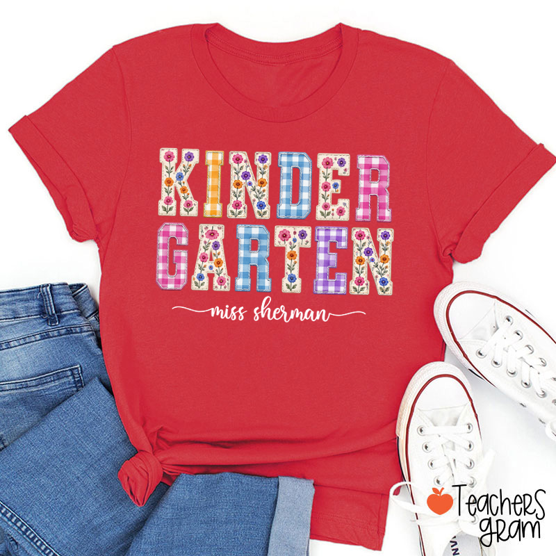 Personalized Name Floral Gingham Teacher T-Shirt
