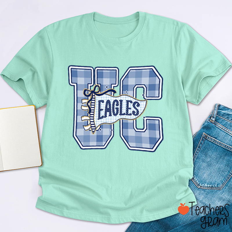 Personalized Mascot Gingham Varsity Letter Bow Teacher T-Shirt