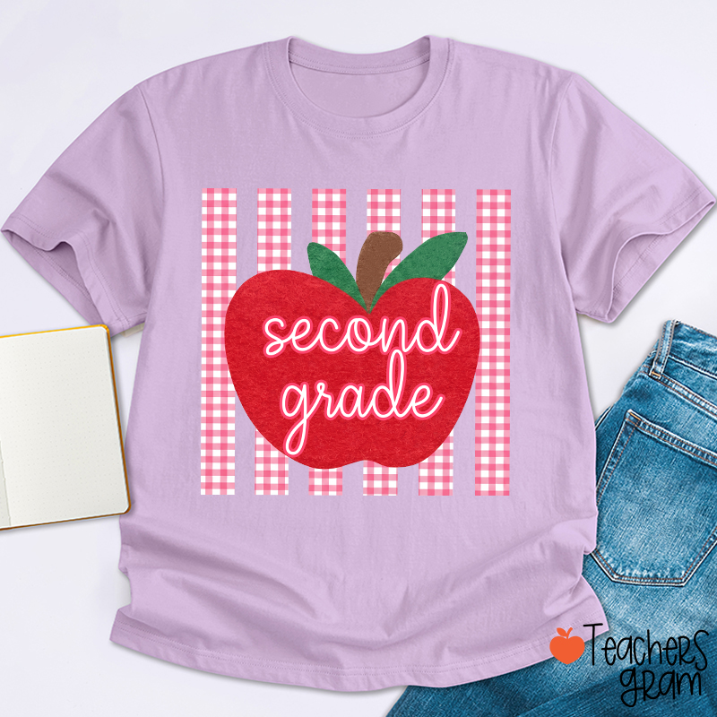 Personalized Grade Gingham Apple Teacher T-Shirt
