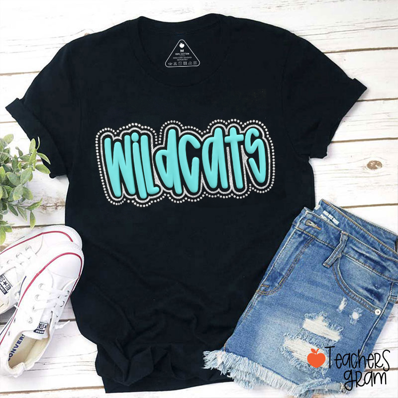 Personalized Mascot Puff Printed Dot Border Glitter Outline Teacher T-Shirt