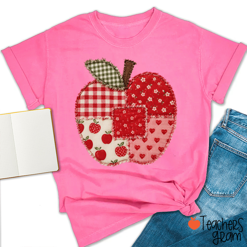 Vintage Patchwork Apple Gingham Floral Heart Teacher Graphic Teacher T-Shirt