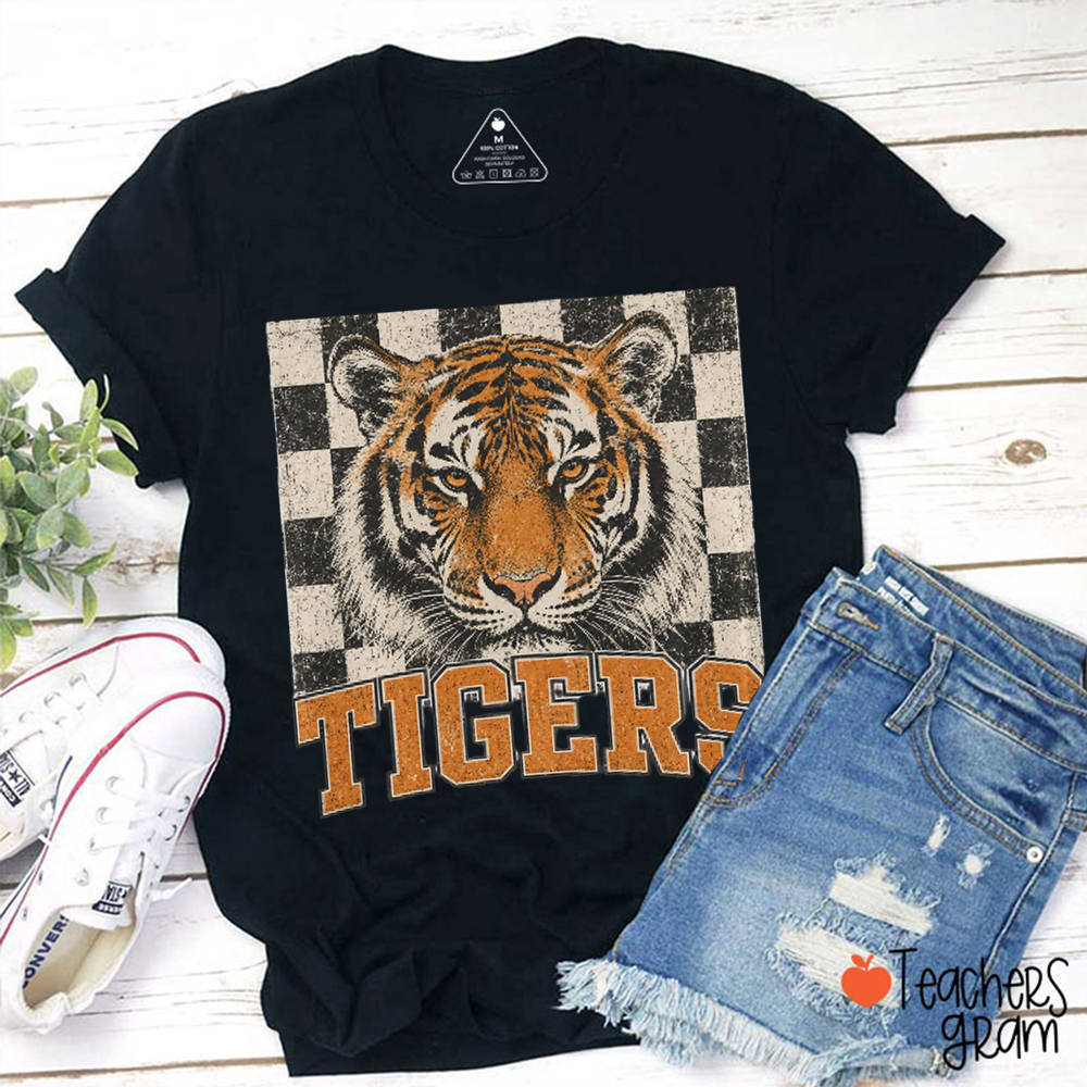 Personalized Mascot Name And Color Vintage Checkerboard Teacher T-Shirt
