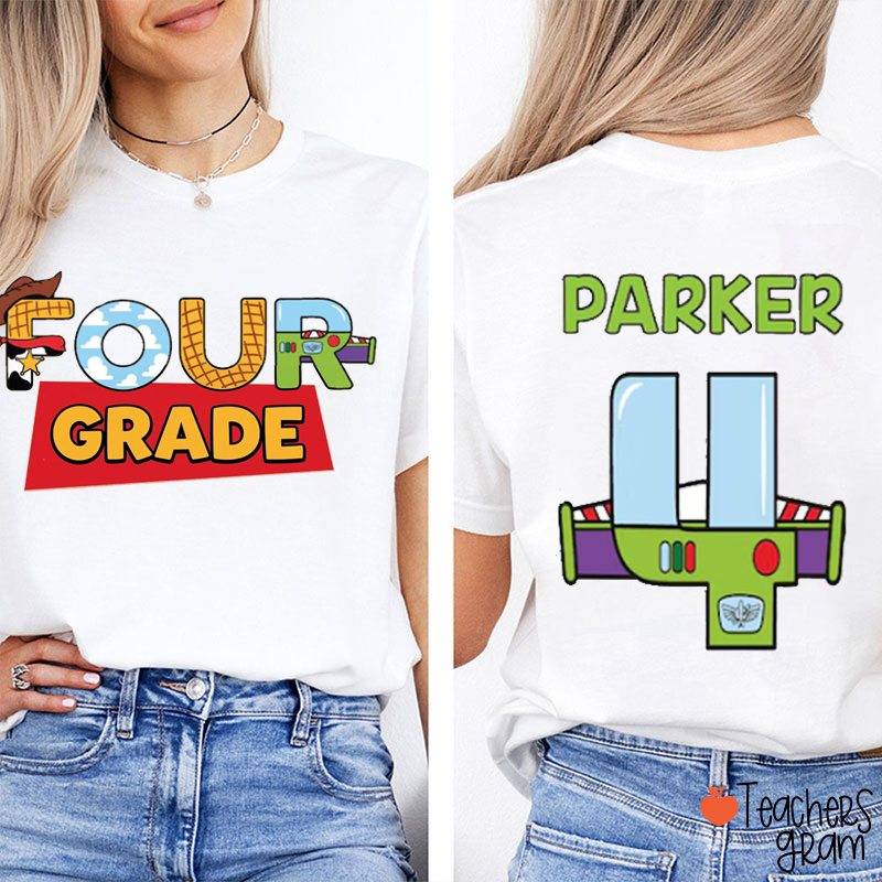 Personalized Grade Name Space Cowboy Two Birthday Teacher Two Sided T-Shirt