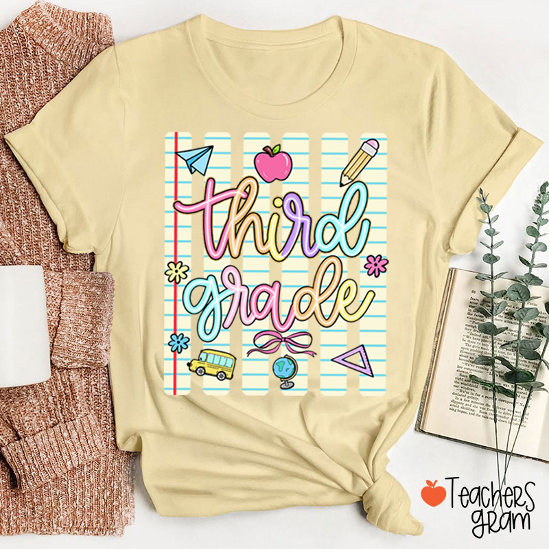 Personalized Grade Notebook Stripes Cute Icons Teacher T-Shirt