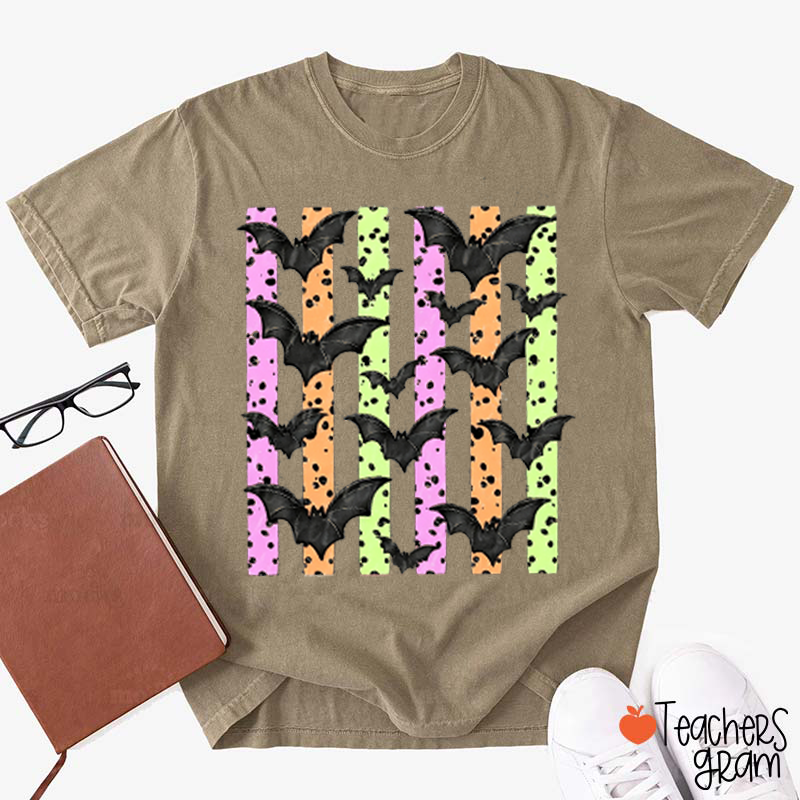 Halloween Polka Dot Stripe Bat Teacher T-Shirt