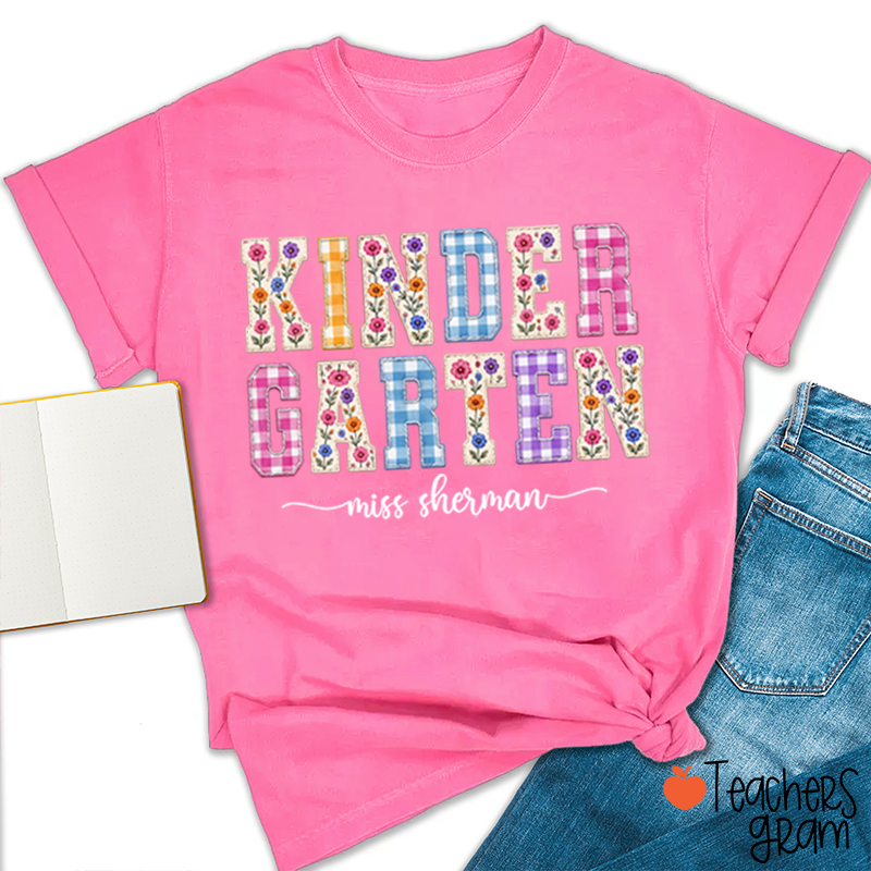 Personalized Name Floral Gingham Teacher T-Shirt