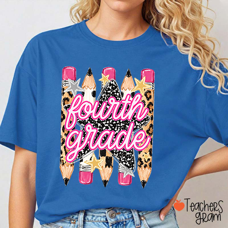 Personalized Grade Name Leopard Star Pencil Teacher T-Shirt
