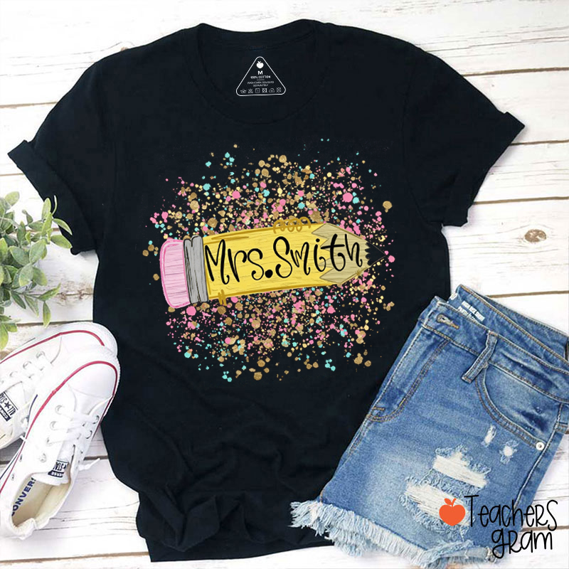 Personalized Name Glitter Pencil Teacher T-Shirt