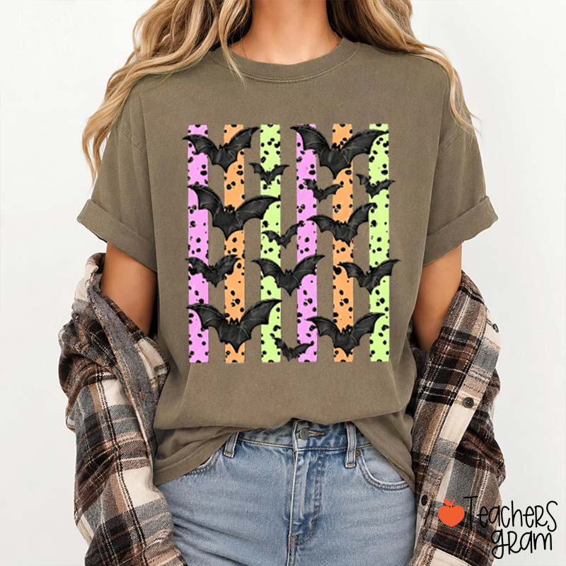 Halloween Polka Dot Stripe Bat Teacher T-Shirt