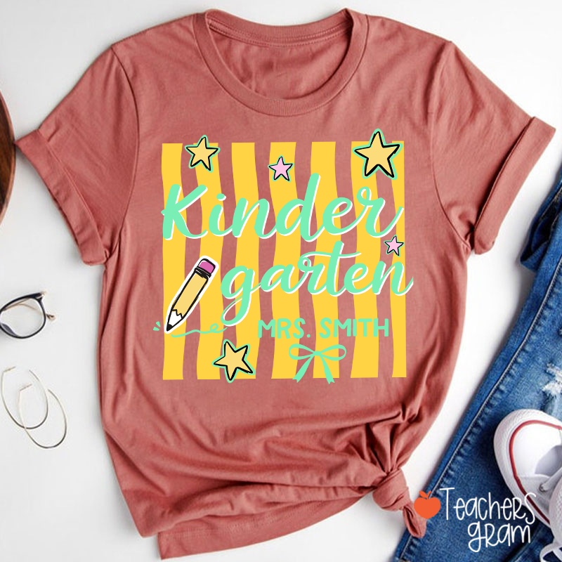 Personalized Grade And Name Stars And Pencil Teacher T-Shirt