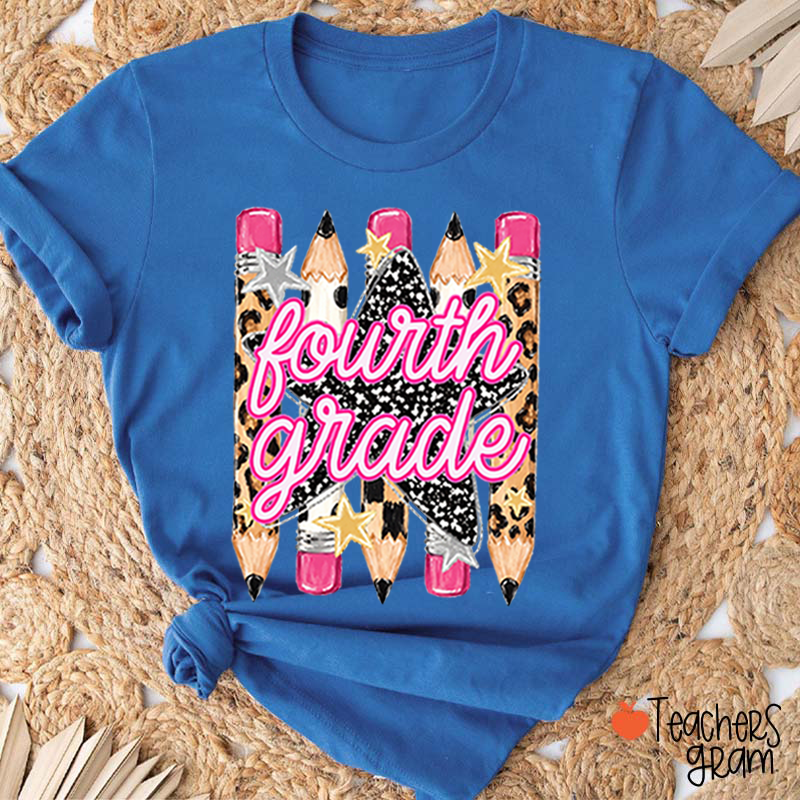 Personalized Grade Name Leopard Star Pencil Teacher T-Shirt