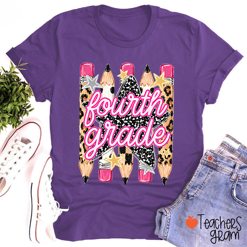 Personalized Grade Name Leopard Star Pencil Teacher T-Shirt