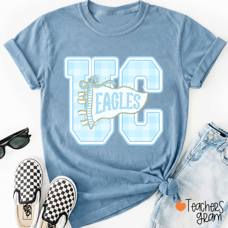 Personalized Mascot Gingham Varsity Letter Bow Teacher T-Shirt