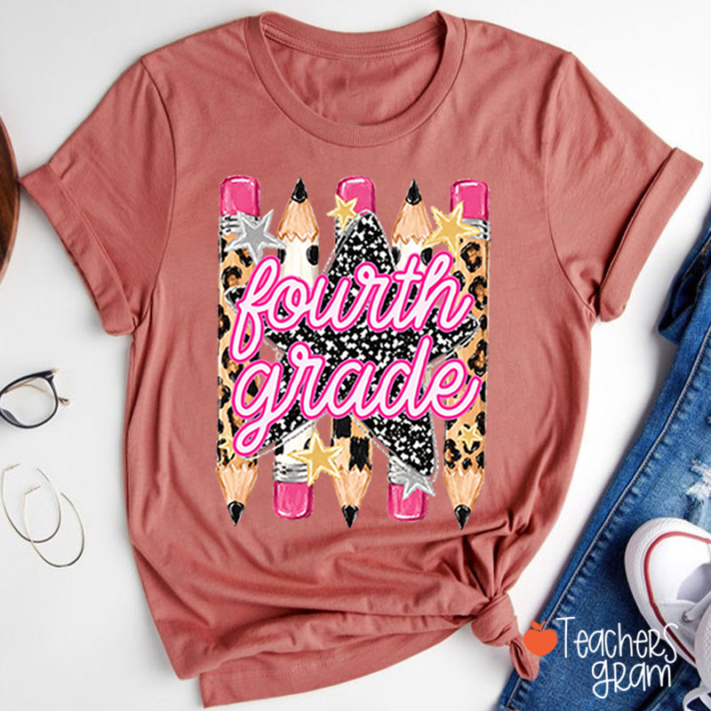 Personalized Grade Name Leopard Star Pencil Teacher T-Shirt