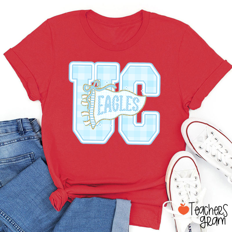 Personalized Mascot Gingham Varsity Letter Bow Teacher T-Shirt