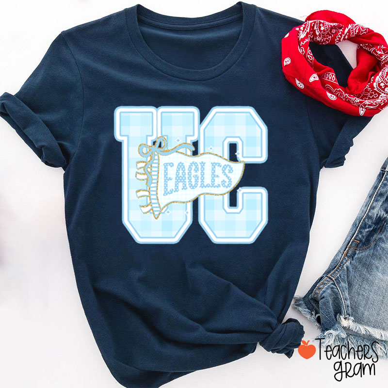Personalized Mascot Gingham Varsity Letter Bow Teacher T-Shirt