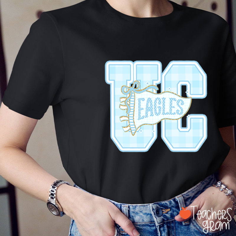 Personalized Mascot Gingham Varsity Letter Bow Teacher T-Shirt