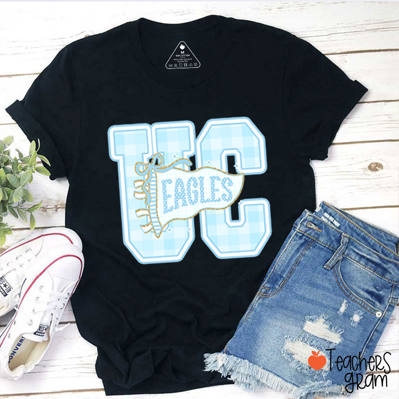 Personalized Mascot Gingham Varsity Letter Bow Teacher T-Shirt