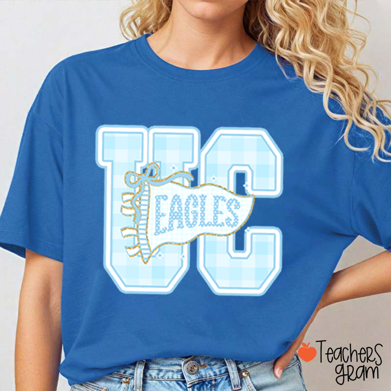 Personalized Mascot Gingham Varsity Letter Bow Teacher T-Shirt