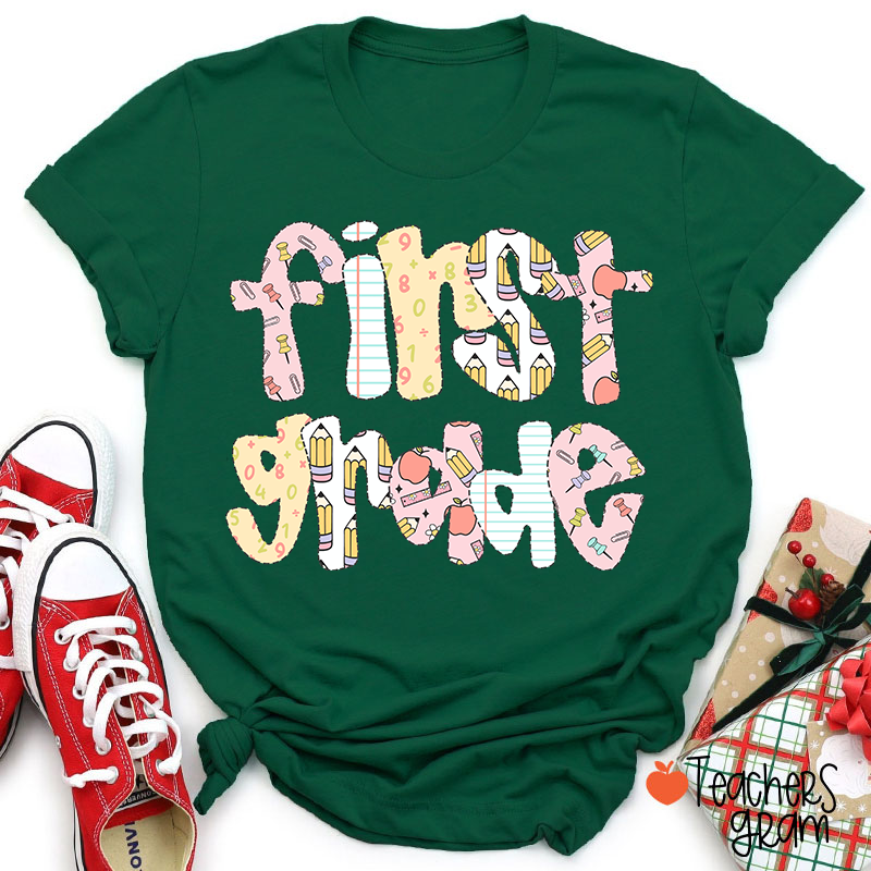 Personalized Grade Floral Pencil Notebook Teacher T-Shirt