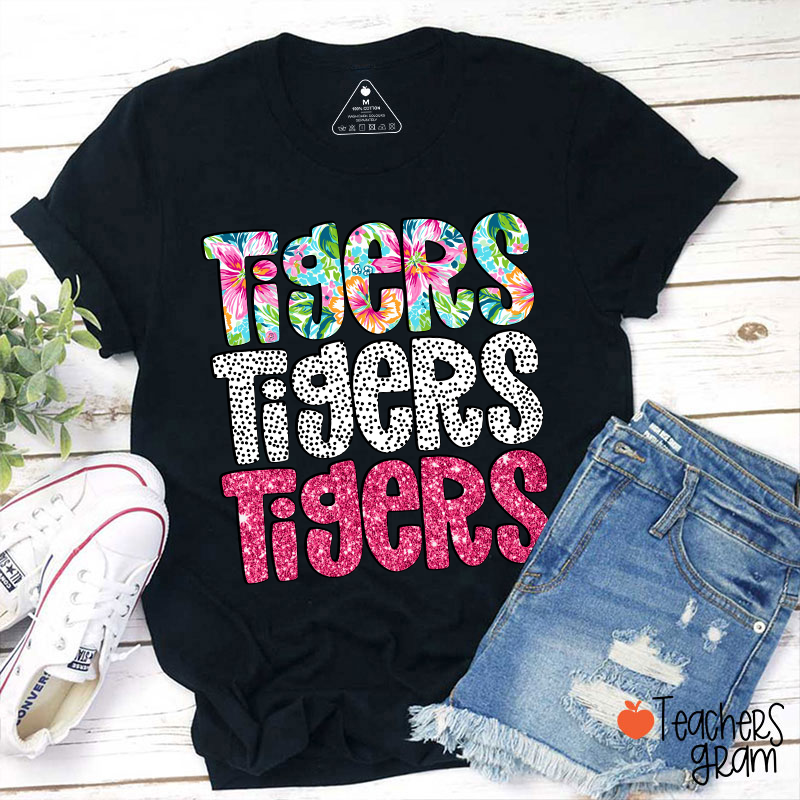 Personalized Mascot Flower Dot Pink Glitter Teacher T-Shirt