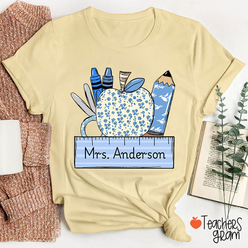 Personalized Name Blue Apple Pencil Crayon Scissors Ruler Teacher T-Shirt