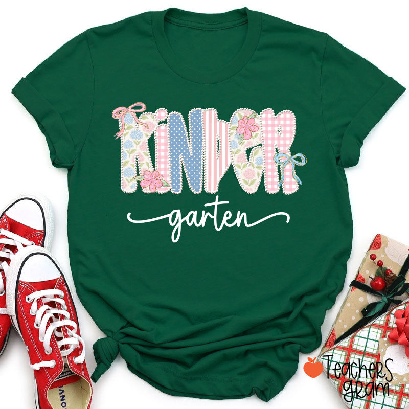 Personalized Grade Gingham Floral Bow Varsity Letter Teacher T-Shirt