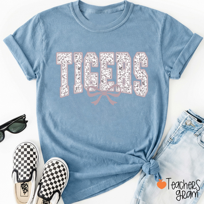 Personalized Mascot Floral Printing Coquette Bow Teacher T-Shirt