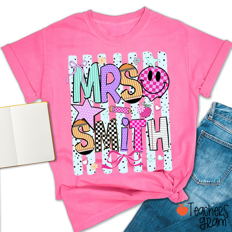 Personalized Grade Coquette Preppy Stripes Teacher T-Shirt