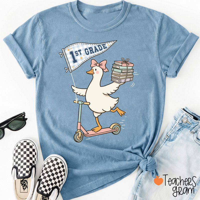 Personalized Grade Scooter Silly Goose Pennant Book Stack Teacher T-Shirt