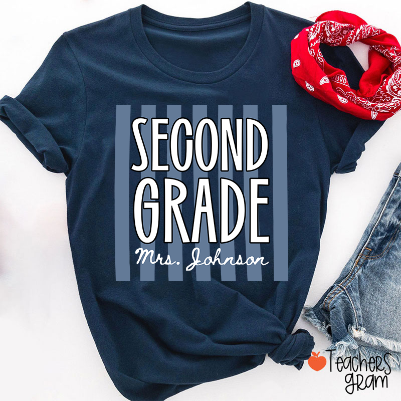 Personalized Grade And Name Stripes Stars Teacher T-Shirt