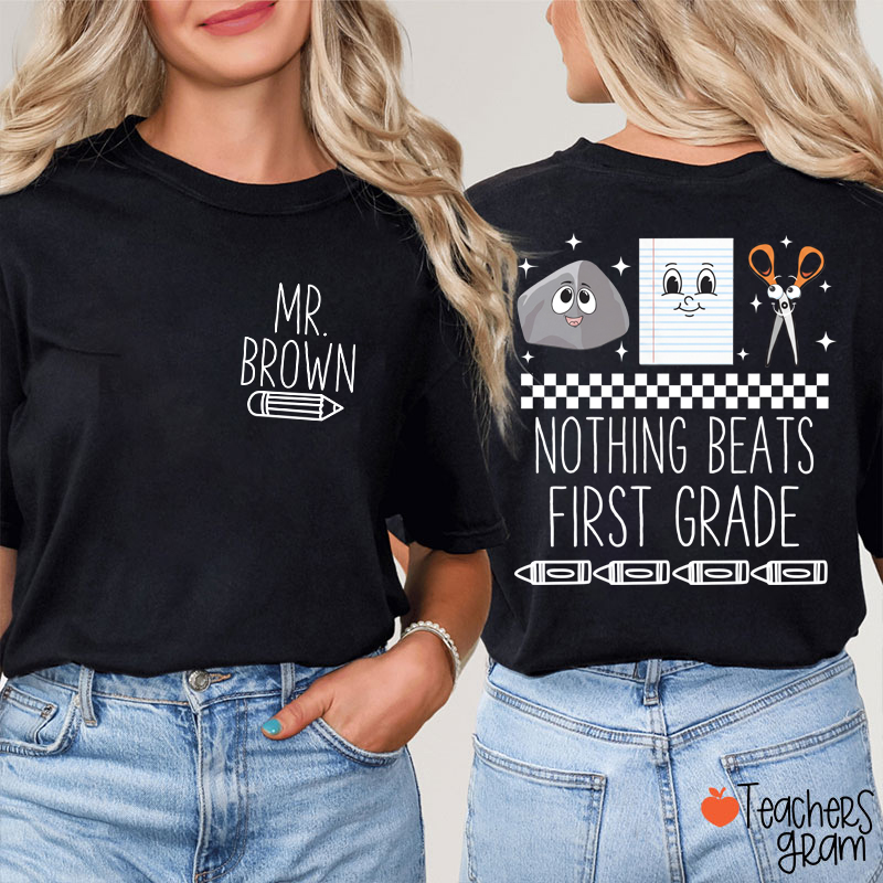 Personalized Grade Rock Paper Scissors Teacher Two Sided T-Shirt