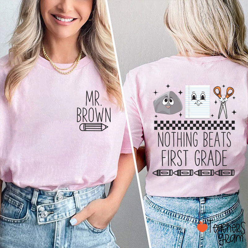 Personalized Grade Rock Paper Scissors Teacher Two Sided T-Shirt