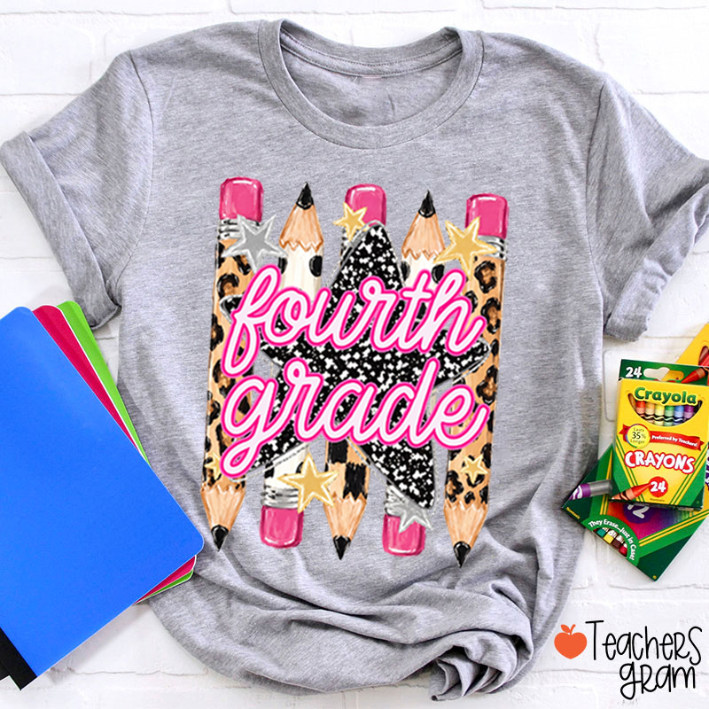 Personalized Grade Name Leopard Star Pencil Teacher T-Shirt